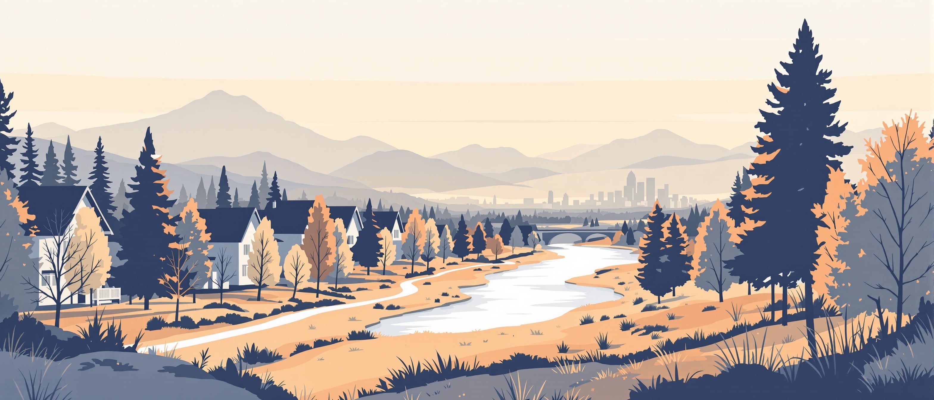 Winchester Overlook community at golden hour with mountains and river trail
